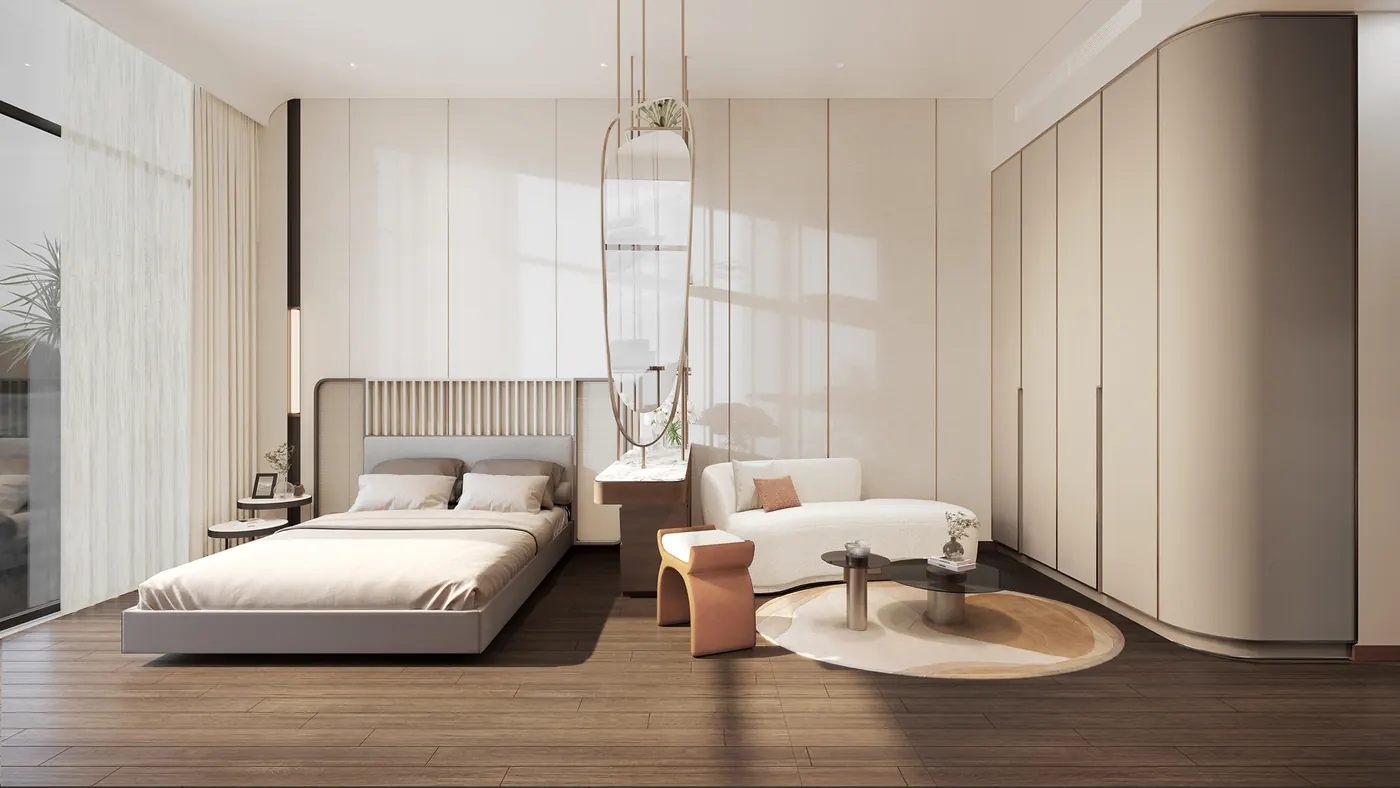 Bedroom with built-in wardrobes, developer render