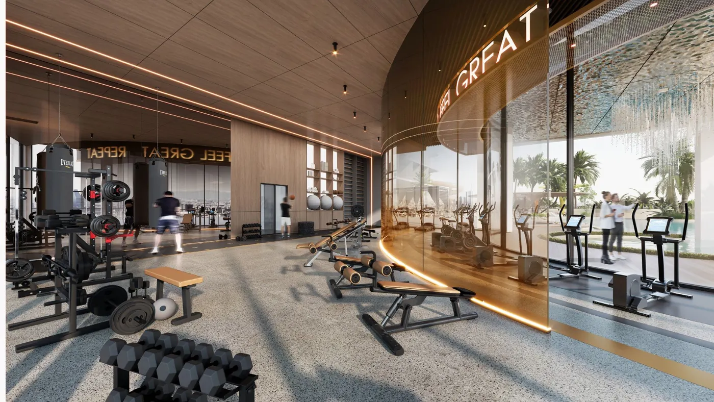 Gym with free weights and cardio machines, developer render
