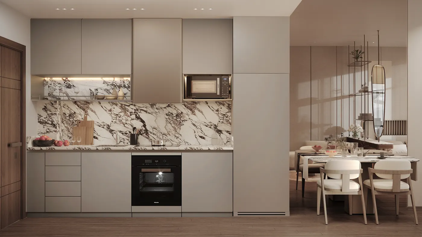 Studio kitchen with marble splashback, developer render