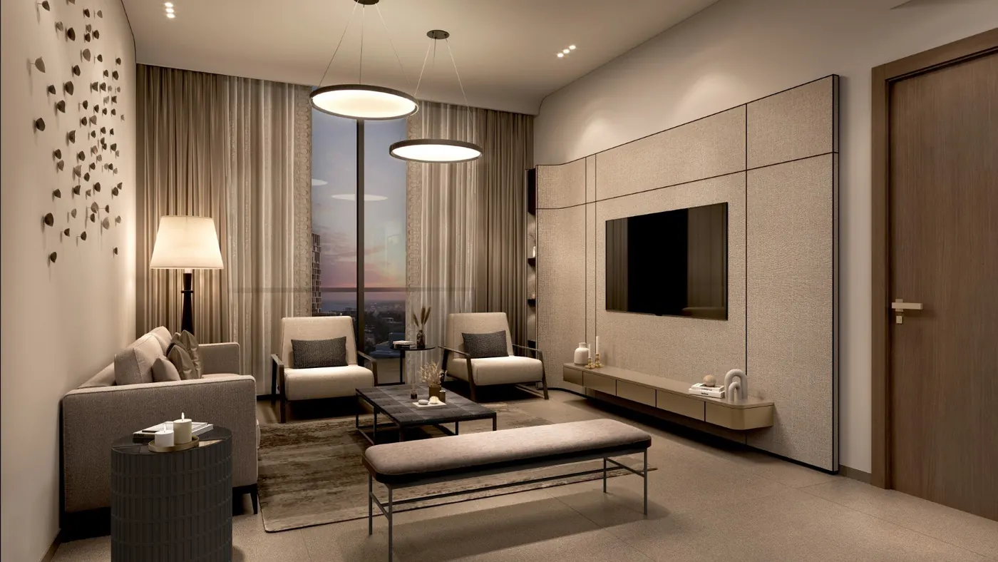 Living room with floor-to-ceiling windows, developer render