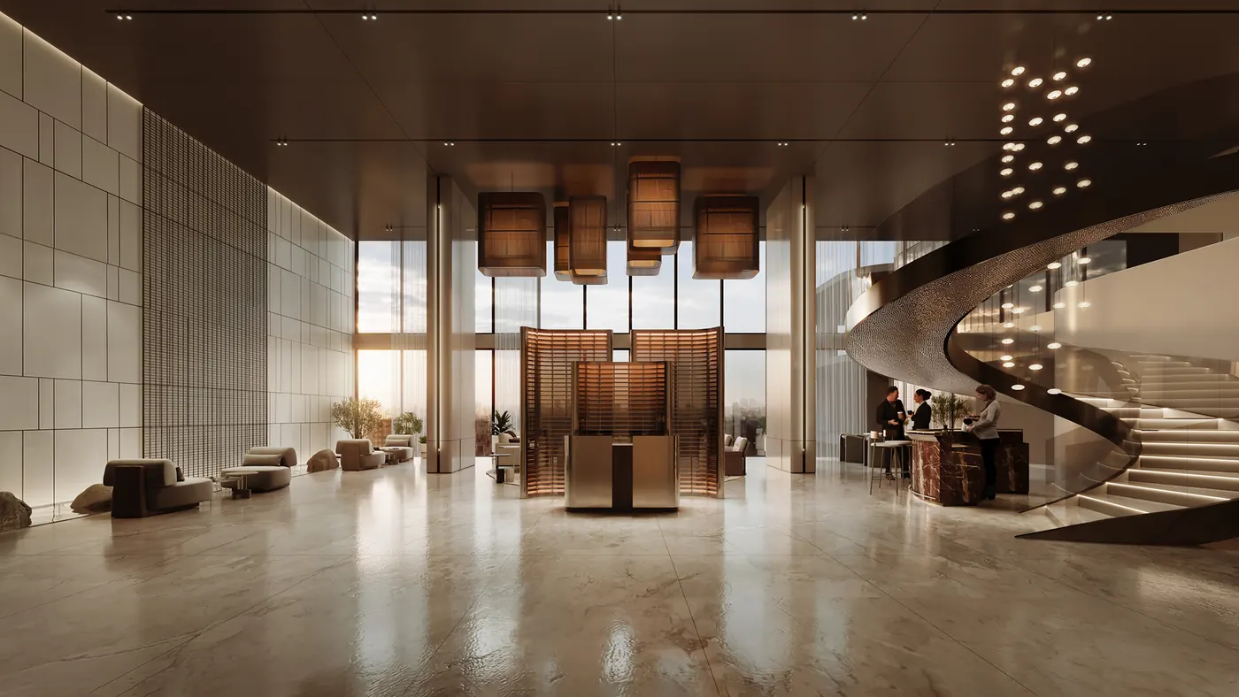 Double-height lobby with spiral staircase, developer render