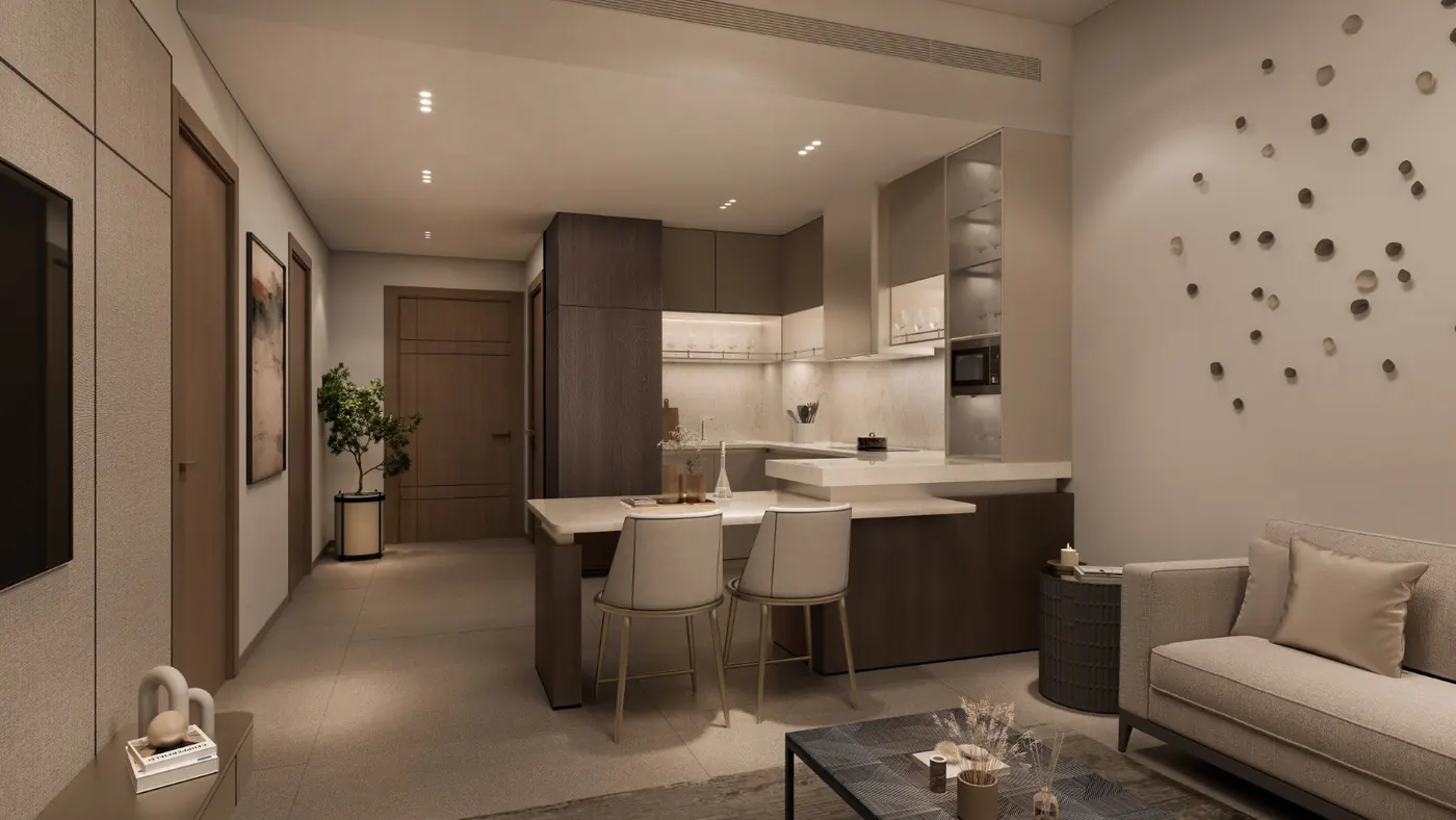 Open kitchen and living area, developer render