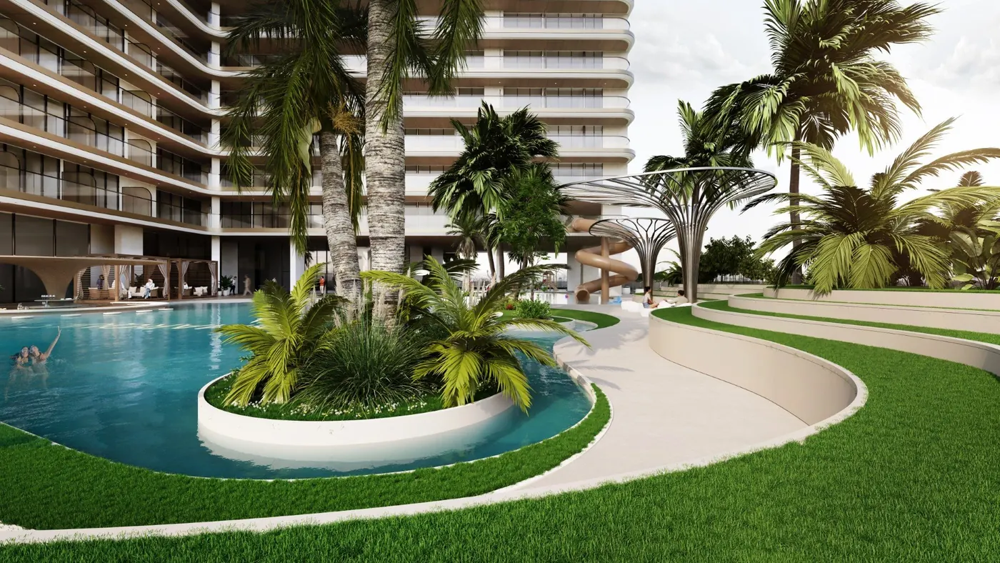 Resort-style pool and deck among palms, developer render