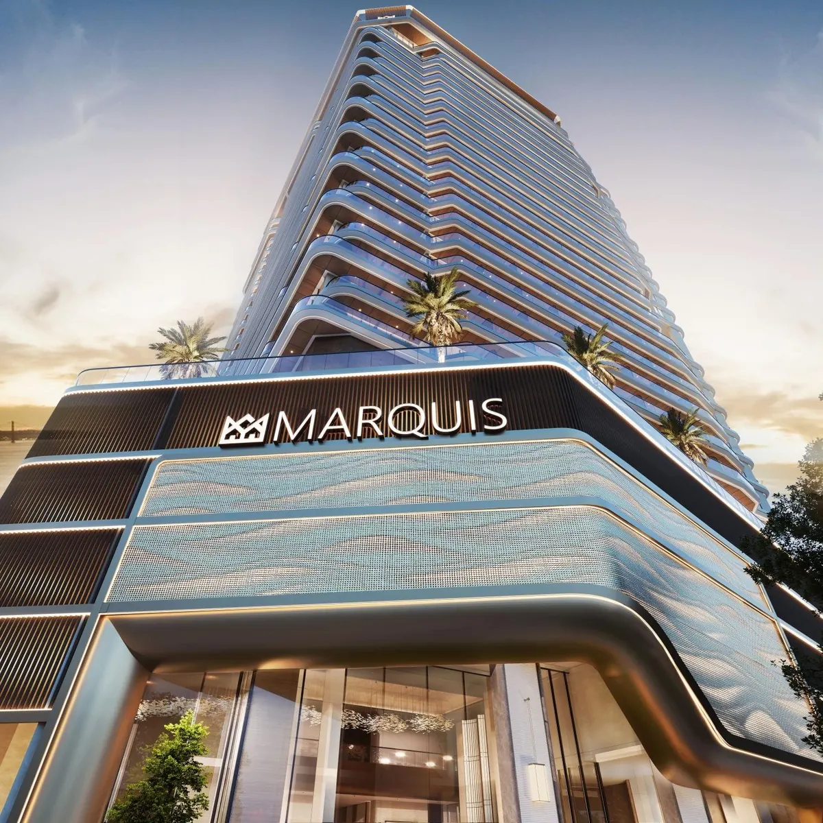 Marquis One tower and entrance in Arjan, developer render